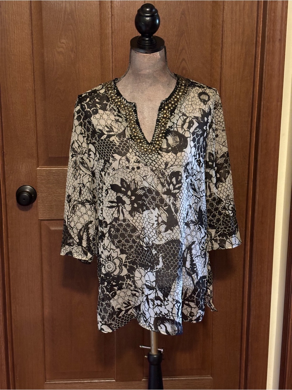 Grace Elements Black & White Beaded V-Neck Tunic
